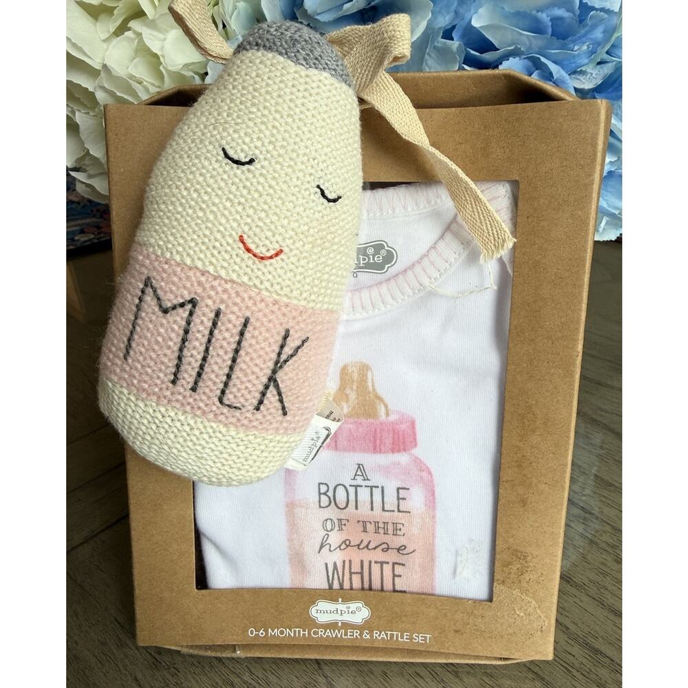 Mudpie 0-6 mos Milk Crawler - 2 Piece Set with Crochet Milk Bottle Rattle Toy